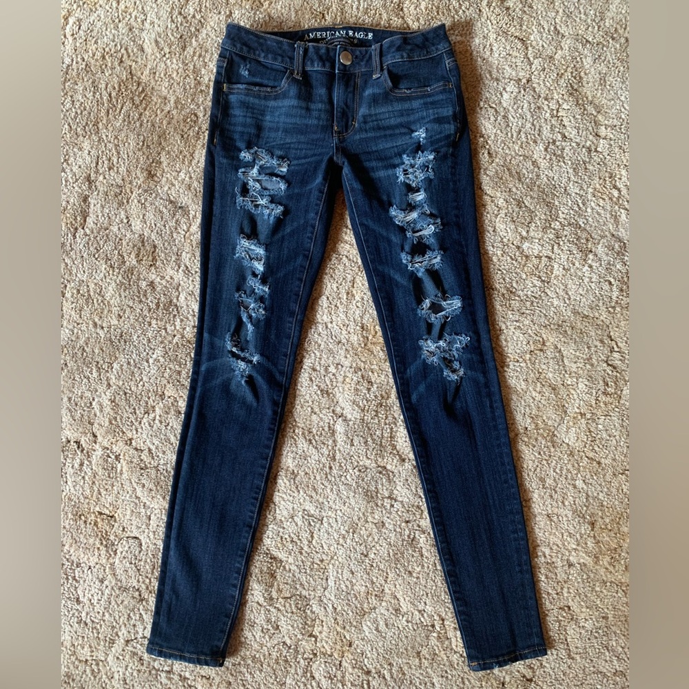 EUC AMERICAN EAGLE 360 SUPER STRETCH SKINNY DESTROYED JEGGING JEANS SIZE 4L